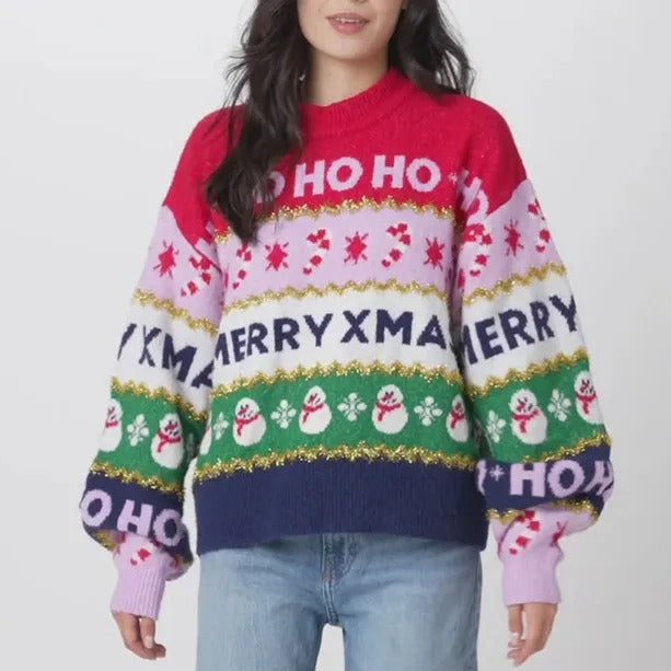 Women's Knitted Christmas Sweater – Colorful Sweater with Ho, Merry Christmas, and Snowflake Patterns