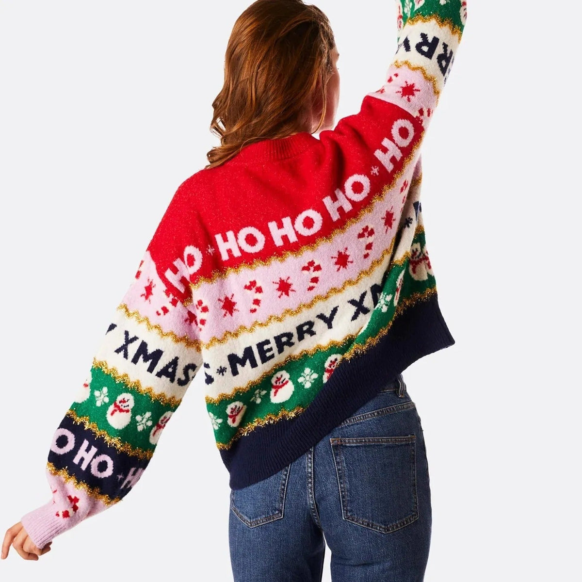Women's Knitted Christmas Sweater – Colorful Sweater with Ho, Merry Christmas, and Snowflake Patterns
