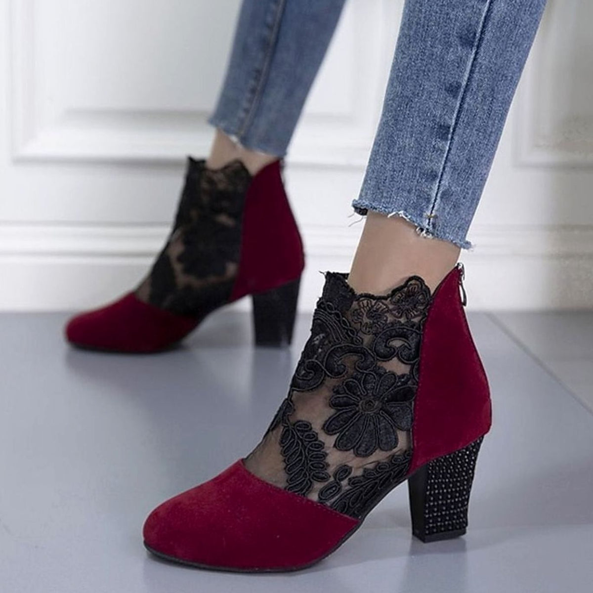 Women's Lace-Accent Block Heel Ankle Booties