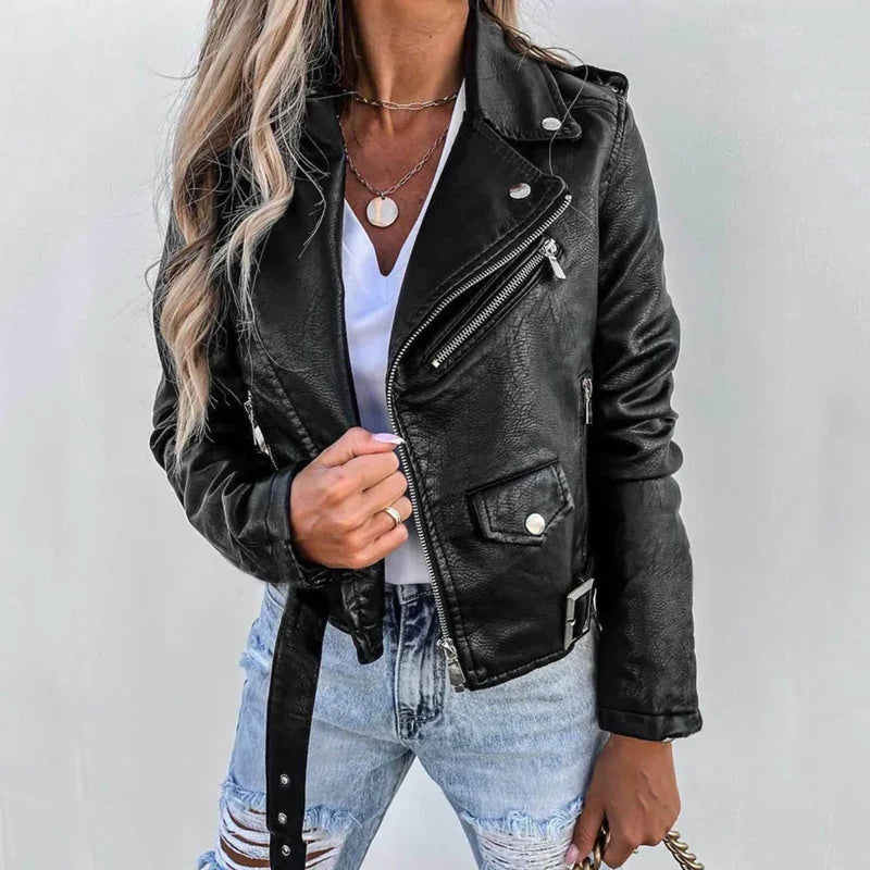 Women's Leather Jacket – Luxury Leather with Stand Collar, Belt & Elegant Design