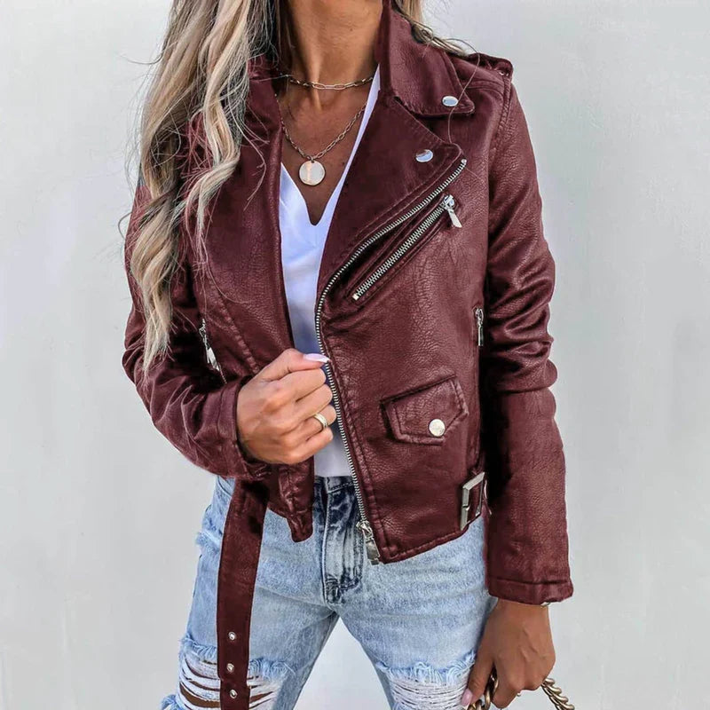 Women's Leather Jacket – Luxury Leather with Stand Collar, Belt & Elegant Design