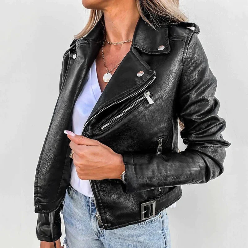 Women's Leather Jacket – Luxury Leather with Stand Collar, Belt & Elegant Design