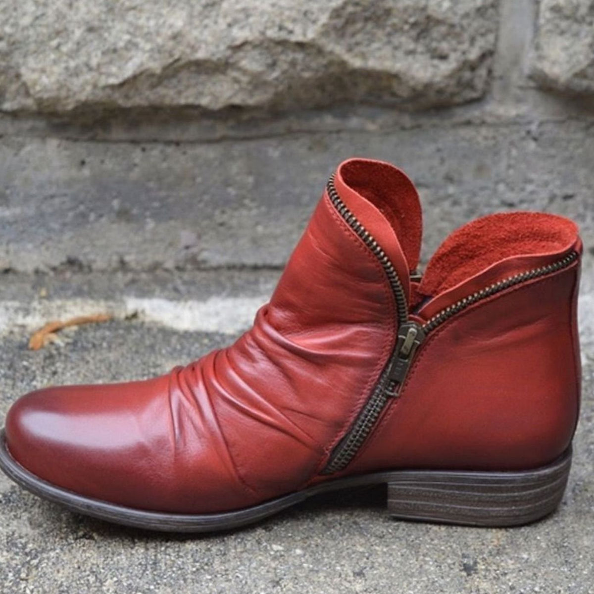 Women's Leather Side-Zip Ruched Ankle Boots