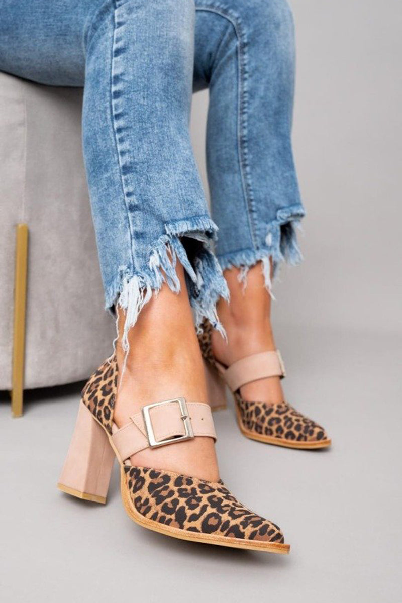 Women's Leopard Block Heel Shoes with Wide Buckle Strap