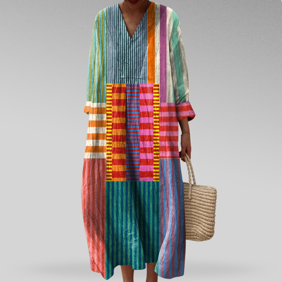 Women's Linen Patchwork Midi Dress