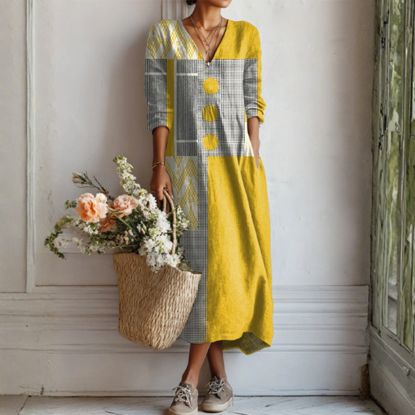 Women's Linen Patchwork Shift Midi Dress