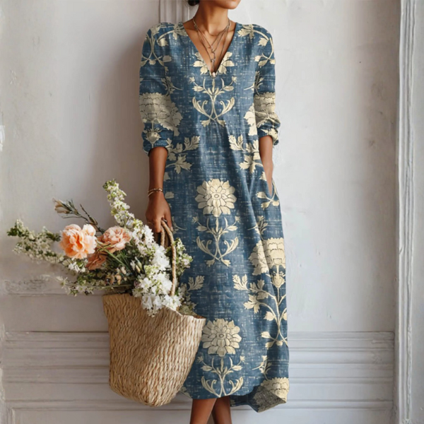 Women's Linen V-Neck Boho Midi Dress