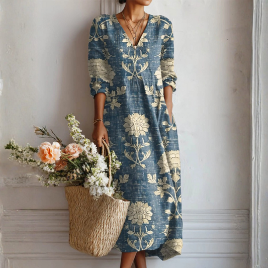 Women's Linen V-Neck Boho Midi Dress