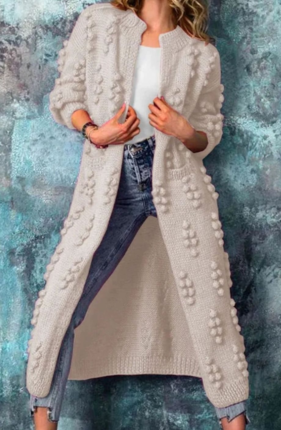 Women's Long Open-Front Pom-Detail Knitted Cardigan Sweater