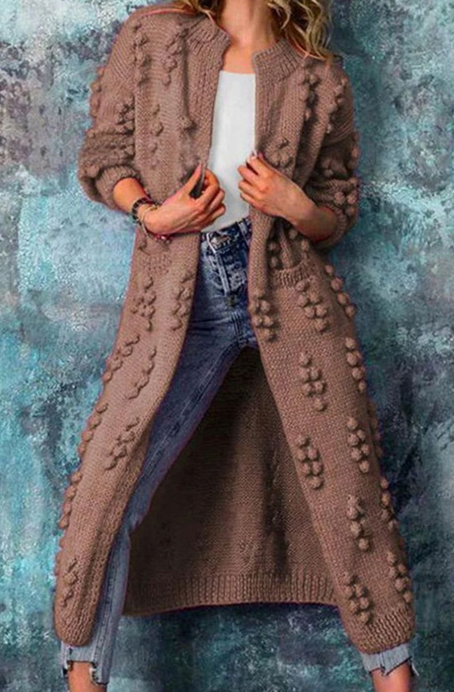 Women's Long Open-Front Pom-Detail Knitted Cardigan Sweater