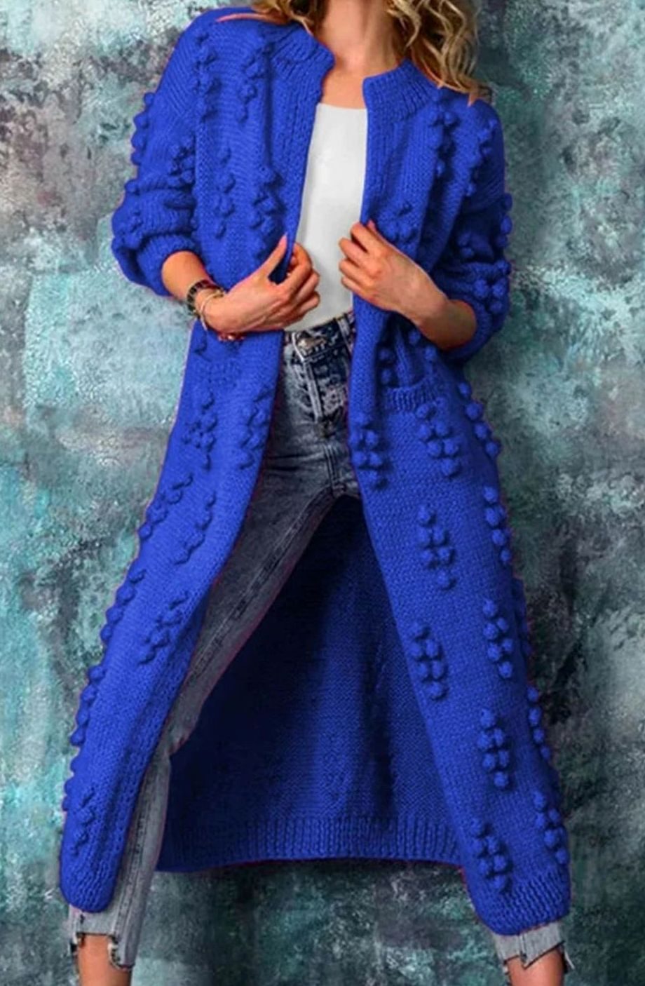 Women's Long Open-Front Pom-Detail Knitted Cardigan Sweater