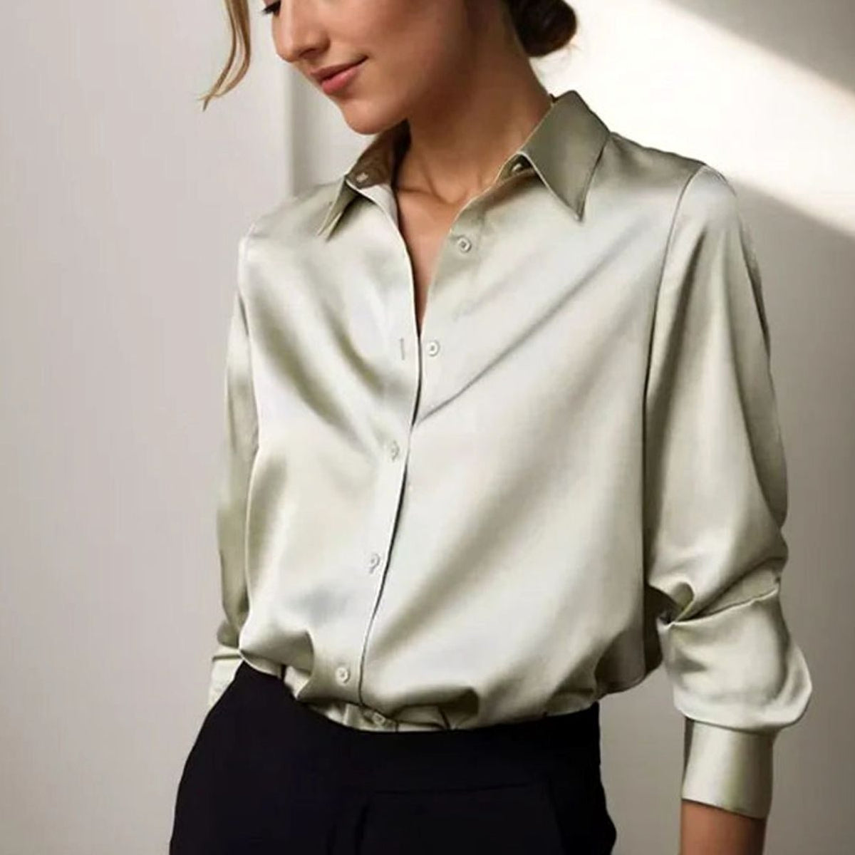 Women's Loose Long-Sleeve Button-Down Satin Blouse