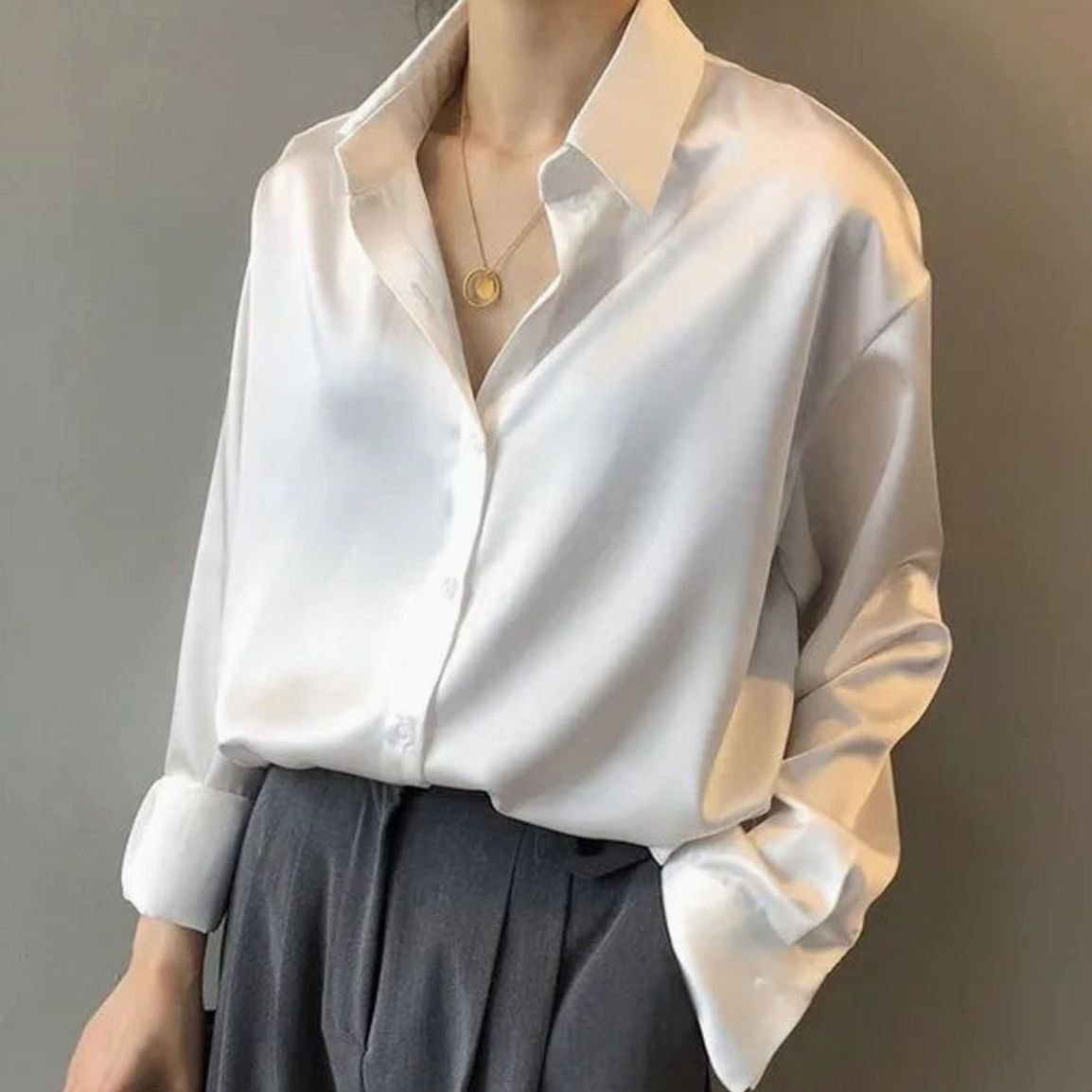 Women's Loose Long-Sleeve Button-Down Satin Blouse