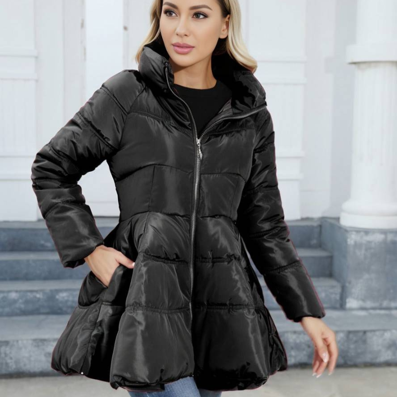 Women's Mid-Length Puffer Jacket with High Collar