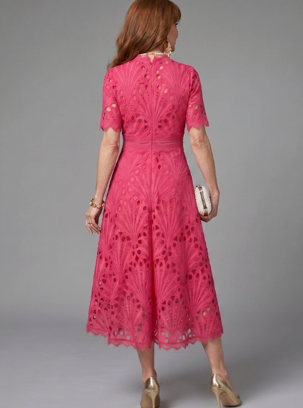Women's Mock-Neck Short-Sleeve Eyelet Lace Midi Cocktail Dress