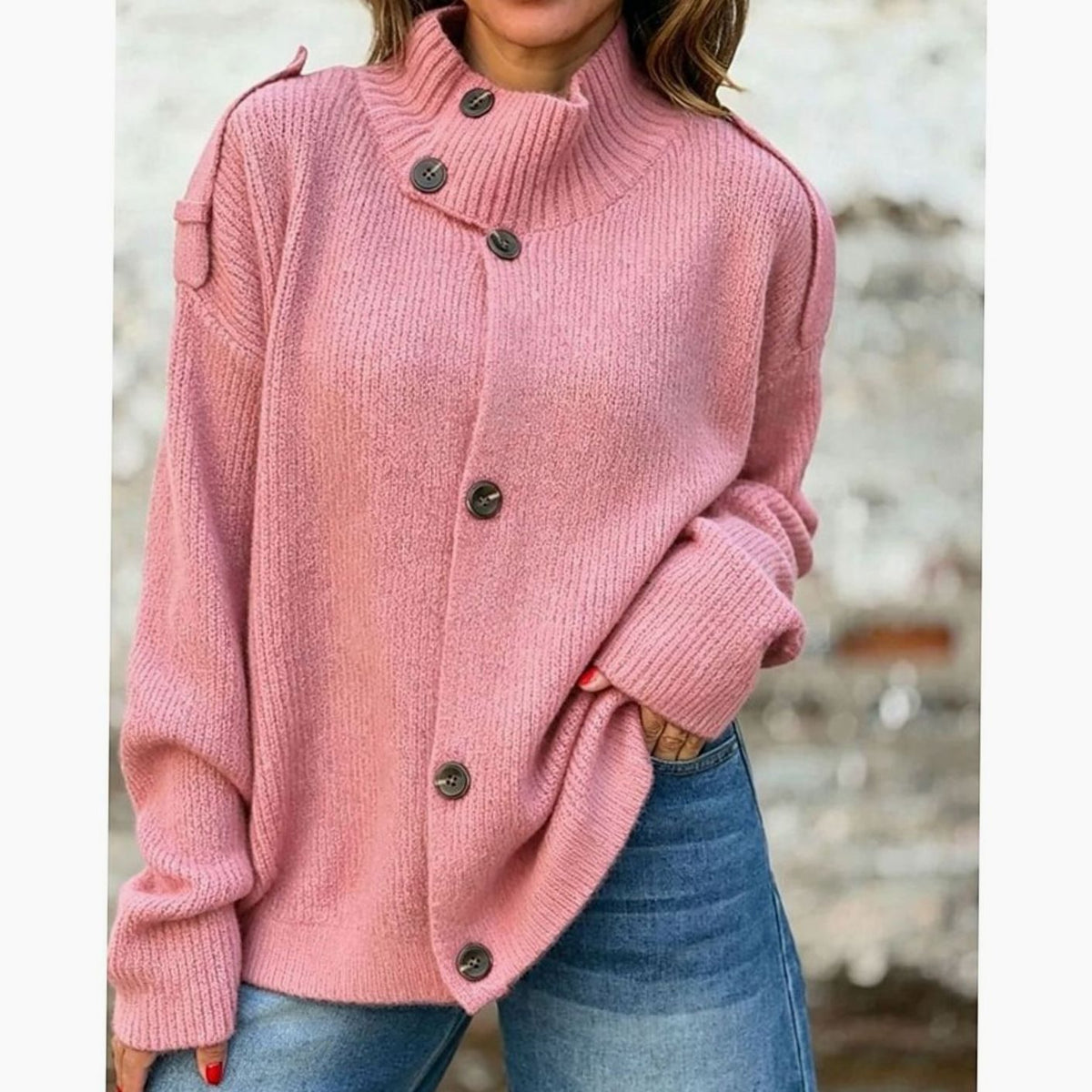 Women's Oversized Button-Front Stand-Collar Knit Cardigan