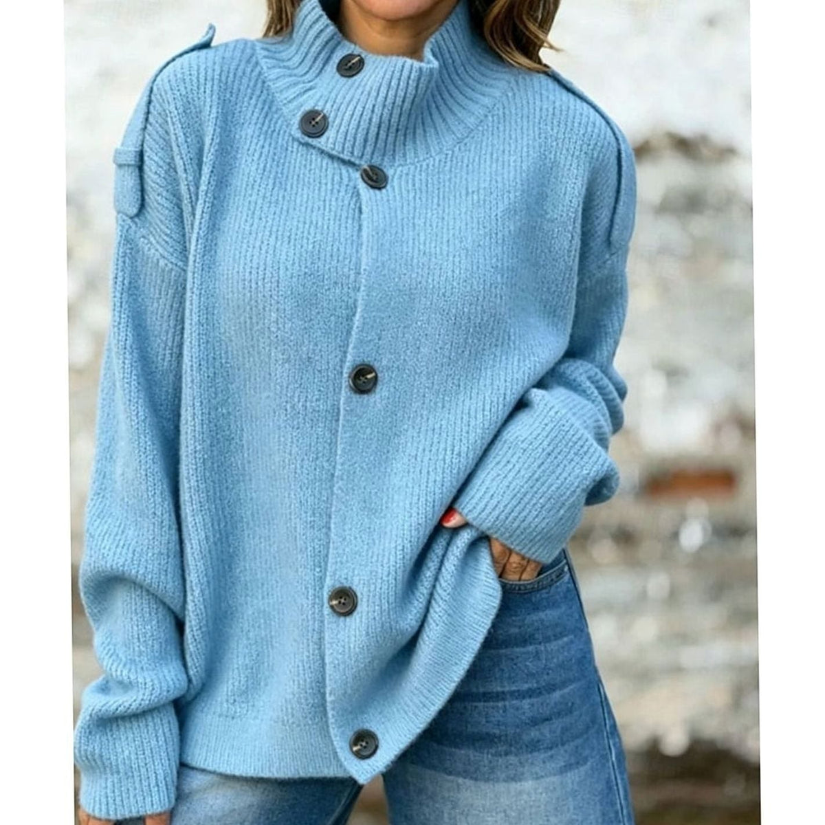Women's Oversized Button-Front Stand-Collar Knit Cardigan