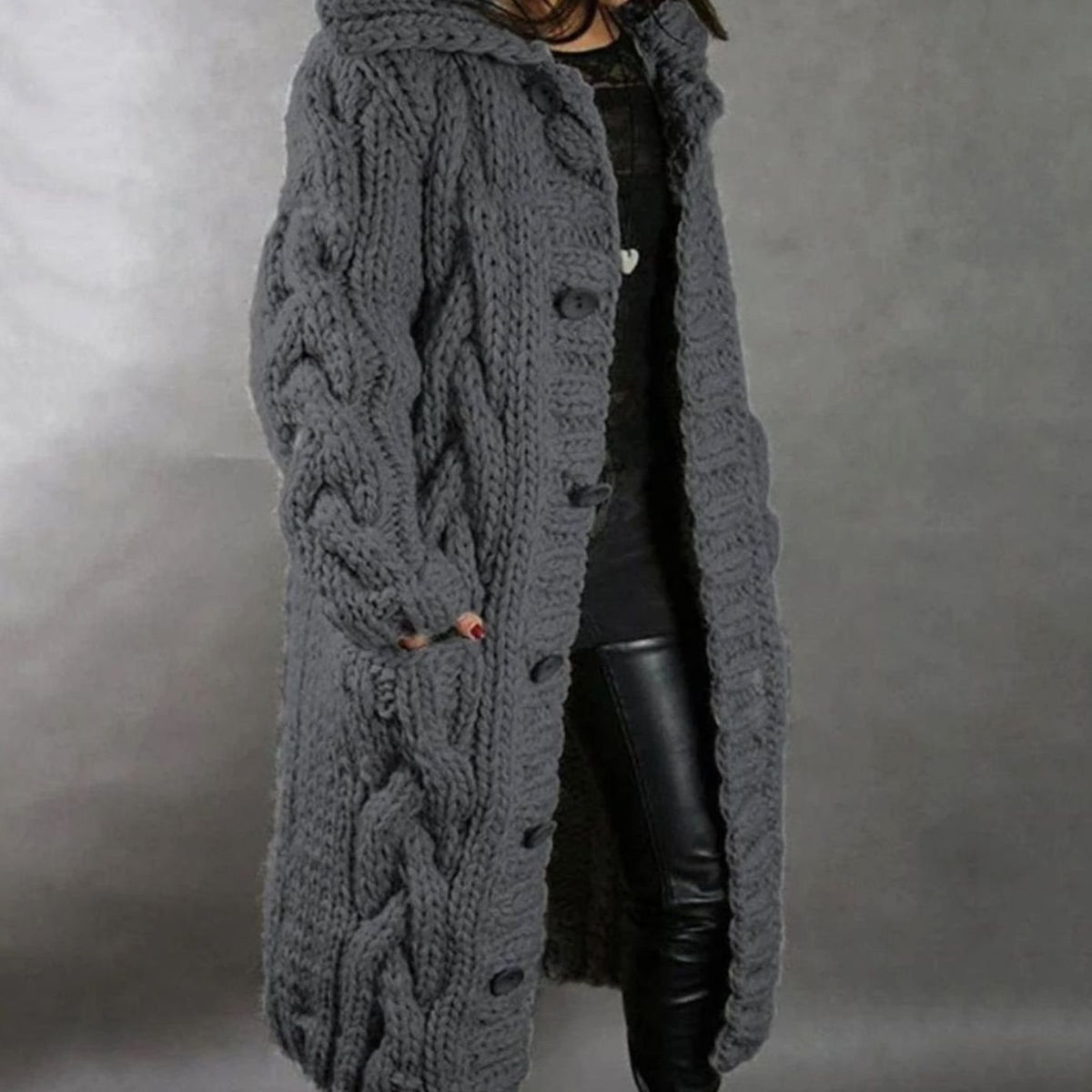 Women's Oversized Cable-Knit Hooded Button Long Cardigan Coat