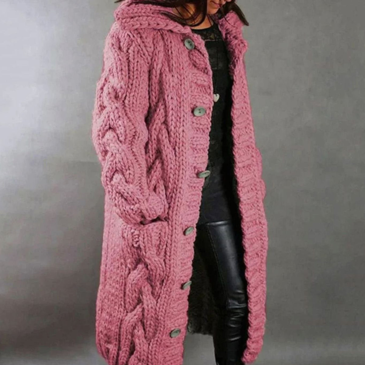 Women's Oversized Cable-Knit Hooded Button Long Cardigan Coat
