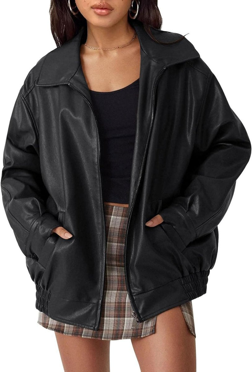 Women's Oversized Faux Leather Zip-Up Bomber Jacket
