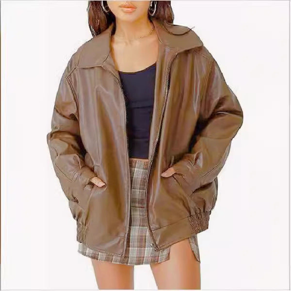 Women's Oversized Faux Leather Zip-Up Bomber Jacket