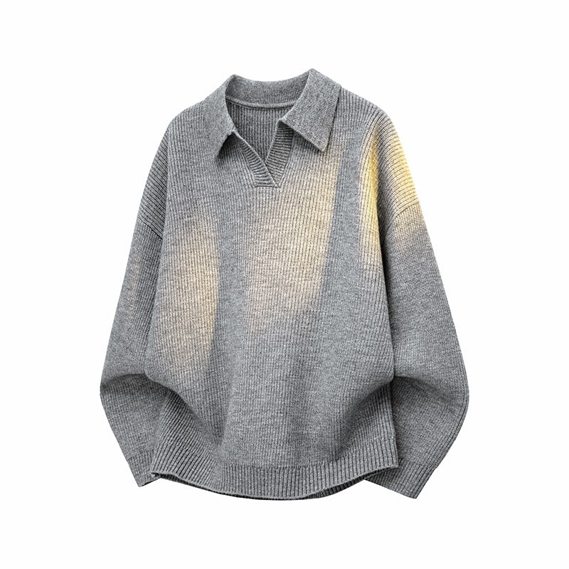 Women's Oversized Knit Polo Sweater with Open V-Neck, Raglan Sleeves and Extended Back Hem