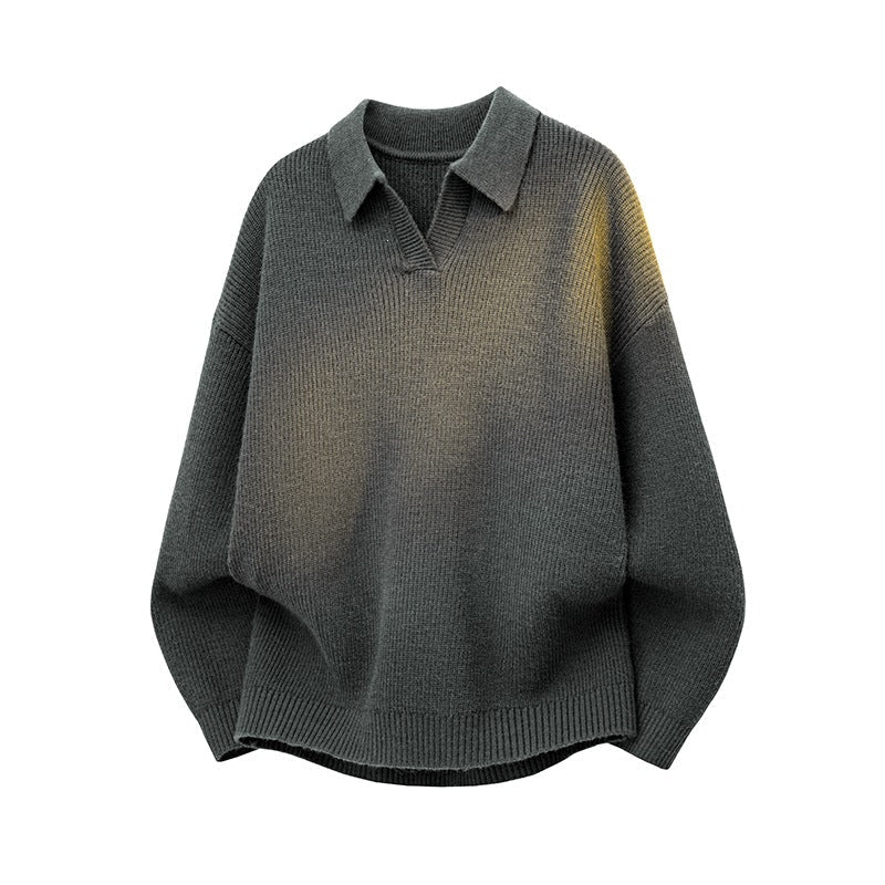 Women's Oversized Knit Polo Sweater with Open V-Neck, Raglan Sleeves and Extended Back Hem