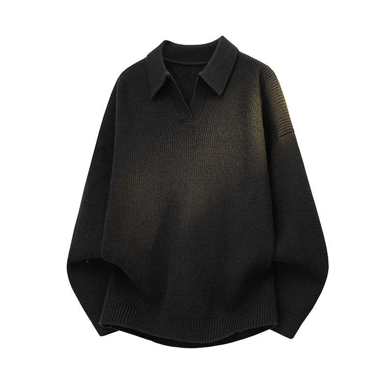 Women's Oversized Knit Polo Sweater with Open V-Neck, Raglan Sleeves and Extended Back Hem