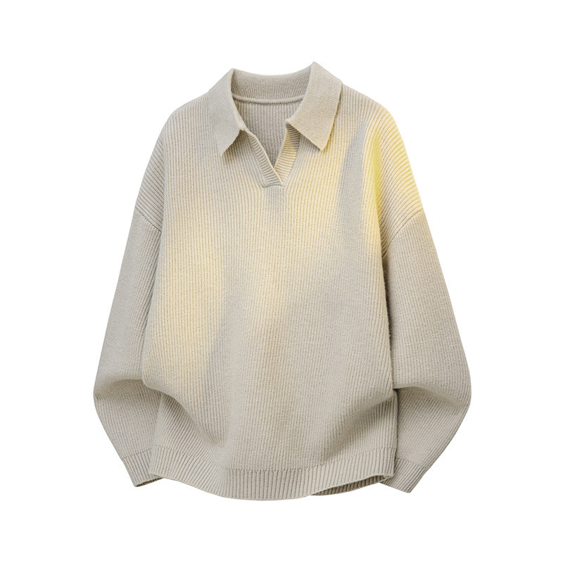 Women's Oversized Knit Polo Sweater with Open V-Neck, Raglan Sleeves and Extended Back Hem