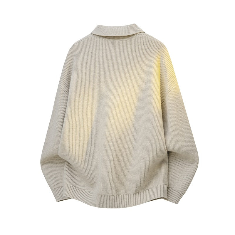 Women's Oversized Knit Polo Sweater with Open V-Neck, Raglan Sleeves and Extended Back Hem