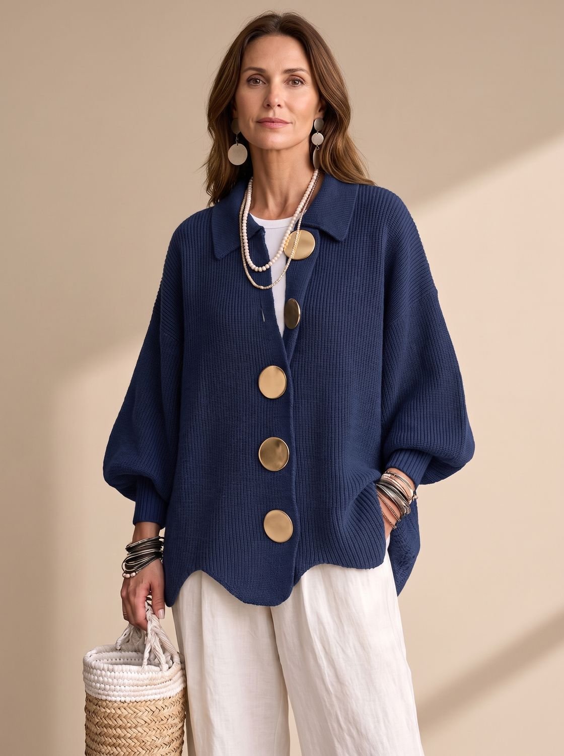 Women's Oversized Lantern-Sleeve Gold-Button Knit Cardigan
