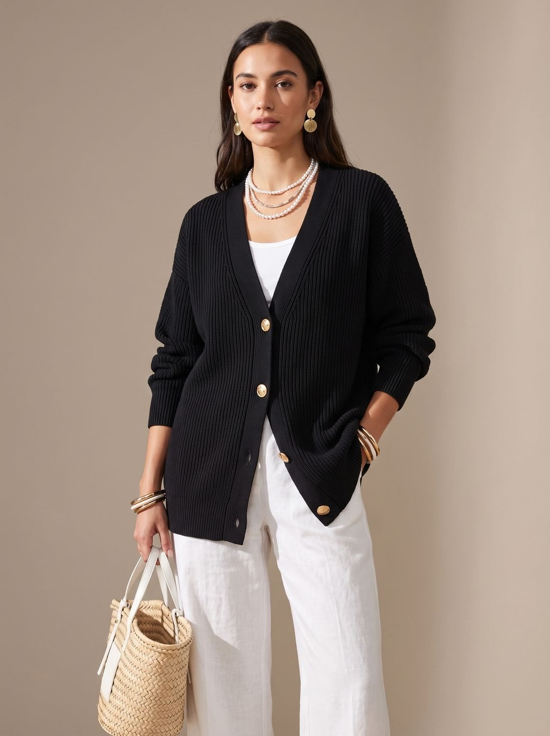 Women's Oversized Lantern-Sleeve Gold-Button Knit Cardigan