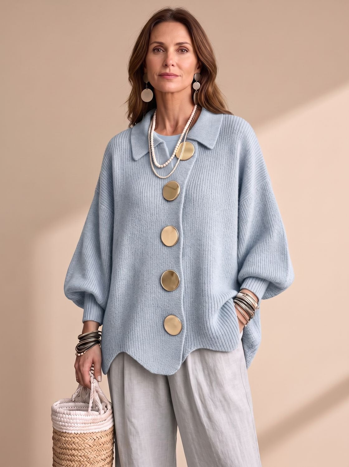 Women's Oversized Lantern-Sleeve Gold-Button Knit Cardigan