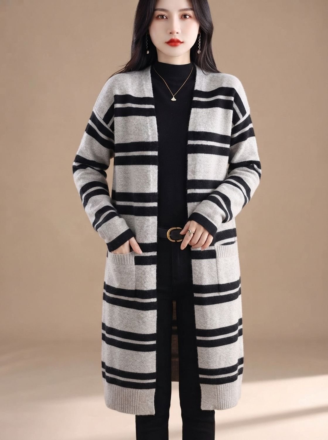 Women's Oversized Long Open-Front Striped Knit Cardigan