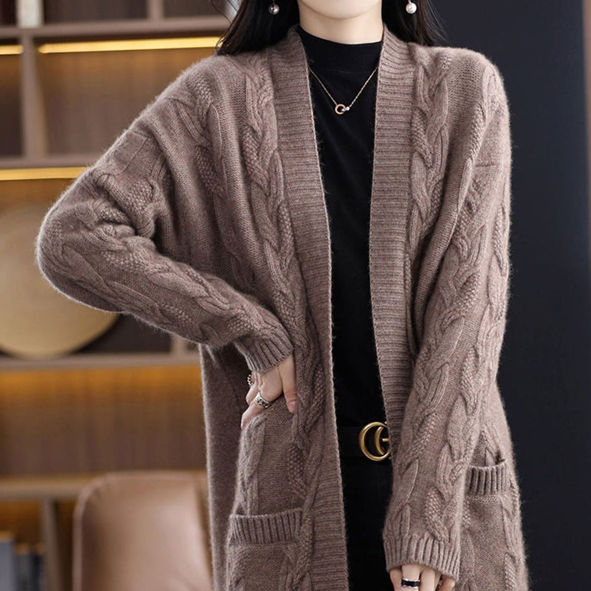 Women's Oversized Long Open-Front Striped Knit Cardigan