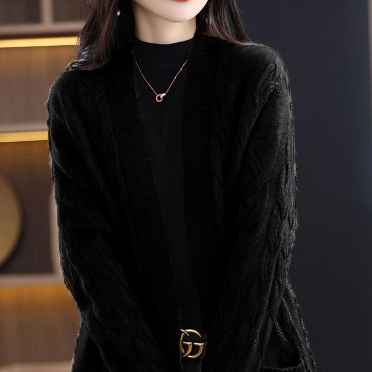 Women's Oversized Long Open-Front Striped Knit Cardigan