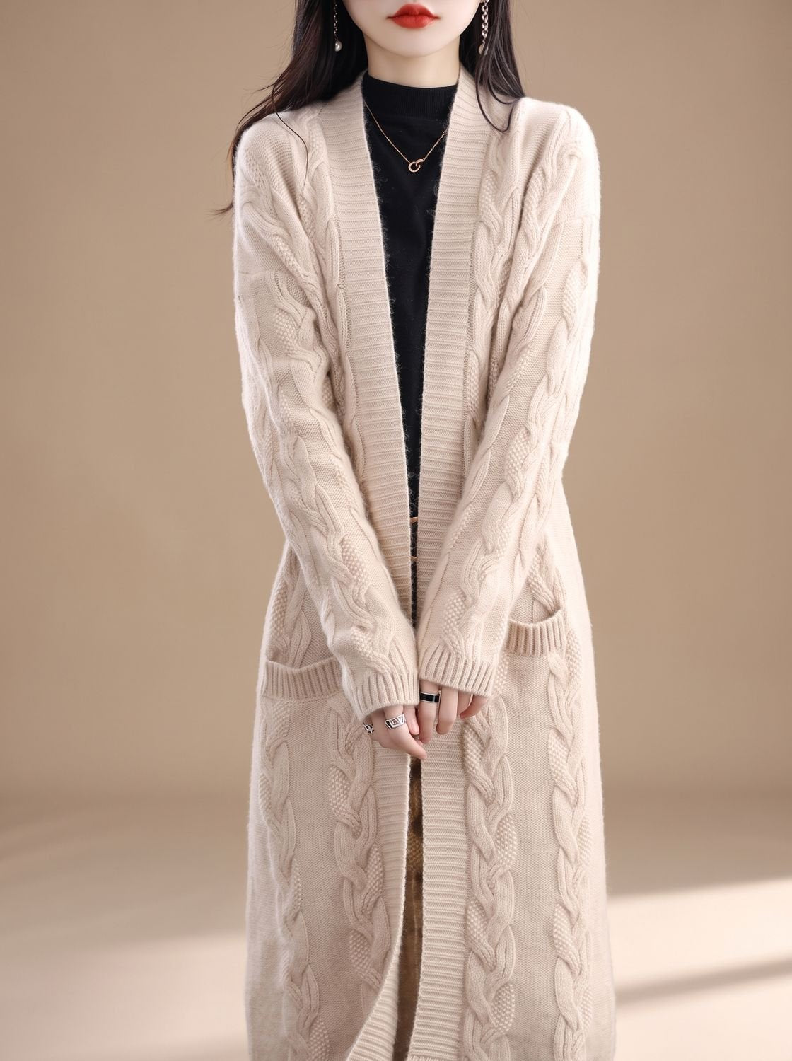 Women's Oversized Long Open-Front Striped Knit Cardigan