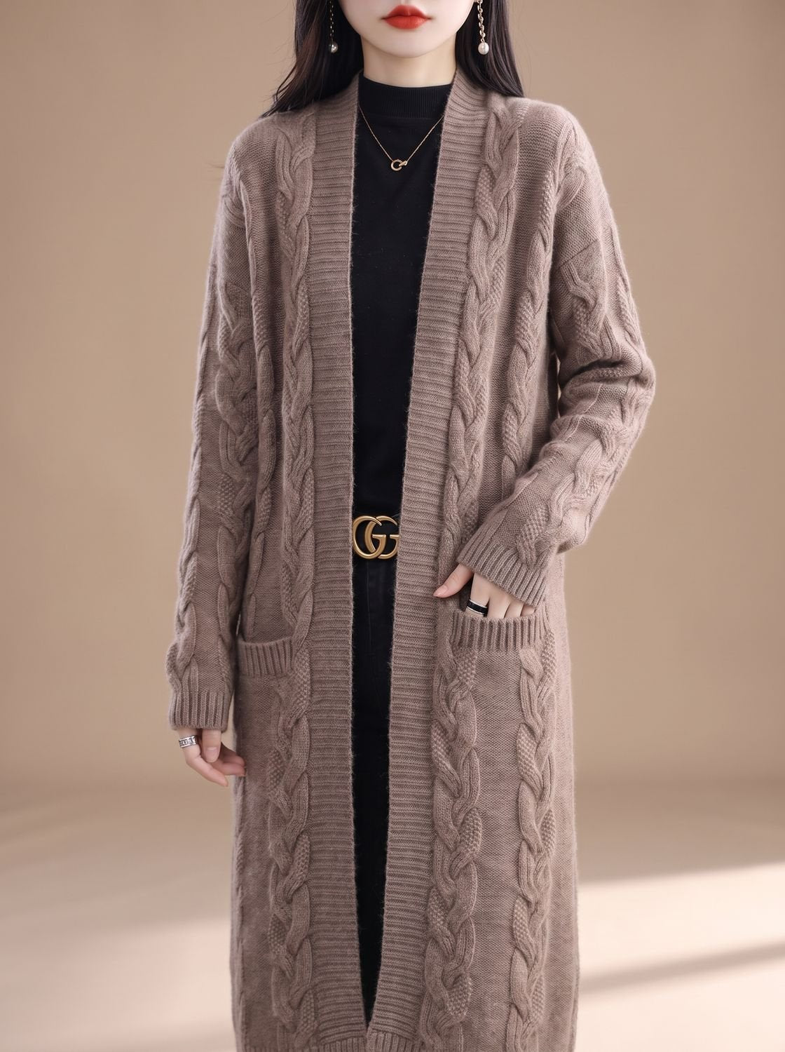 Women's Oversized Long Open-Front Striped Knit Cardigan