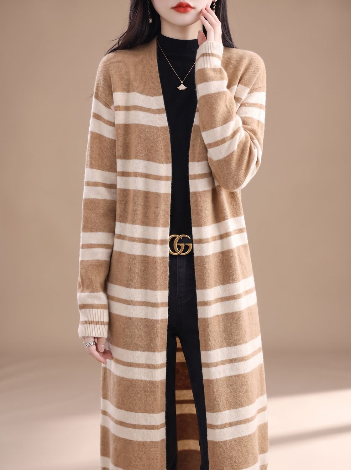 Women's Oversized Long Open-Front Striped Knit Cardigan