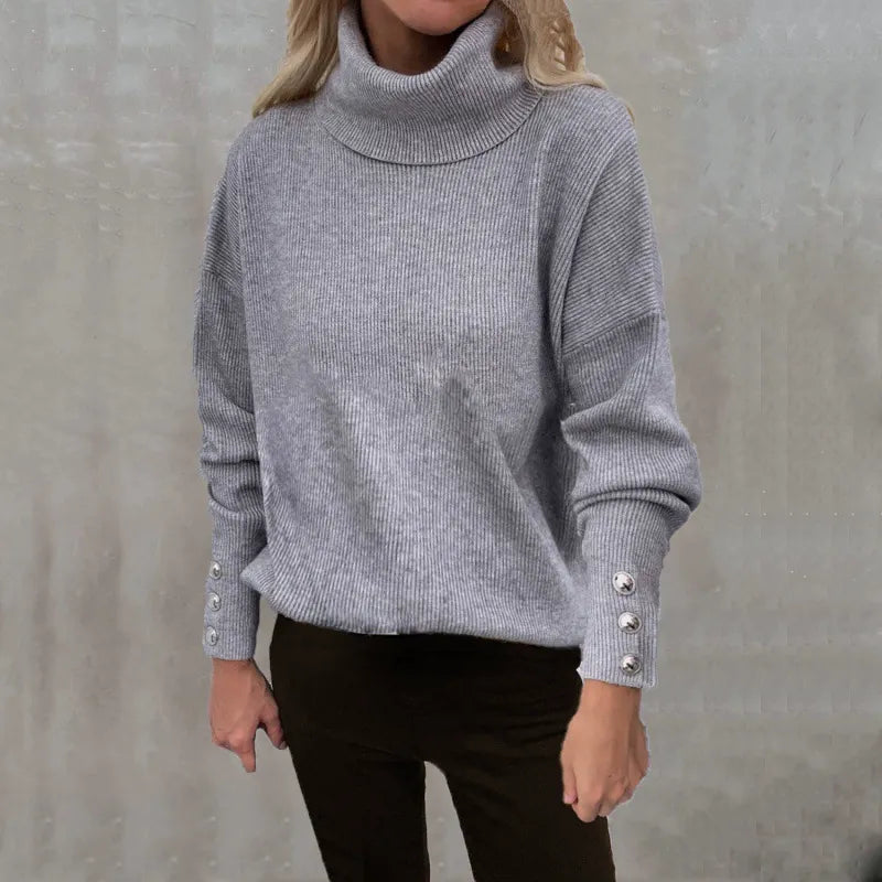 Women's Oversized Long-Sleeve Turtleneck Sweater with Buttons