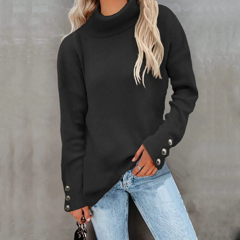 Women's Oversized Long-Sleeve Turtleneck Sweater with Buttons
