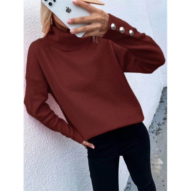 Women's Oversized Long-Sleeve Turtleneck Sweater with Buttons