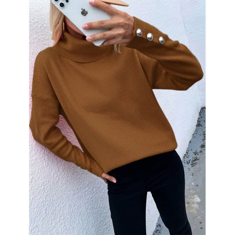 Women's Oversized Long-Sleeve Turtleneck Sweater with Buttons