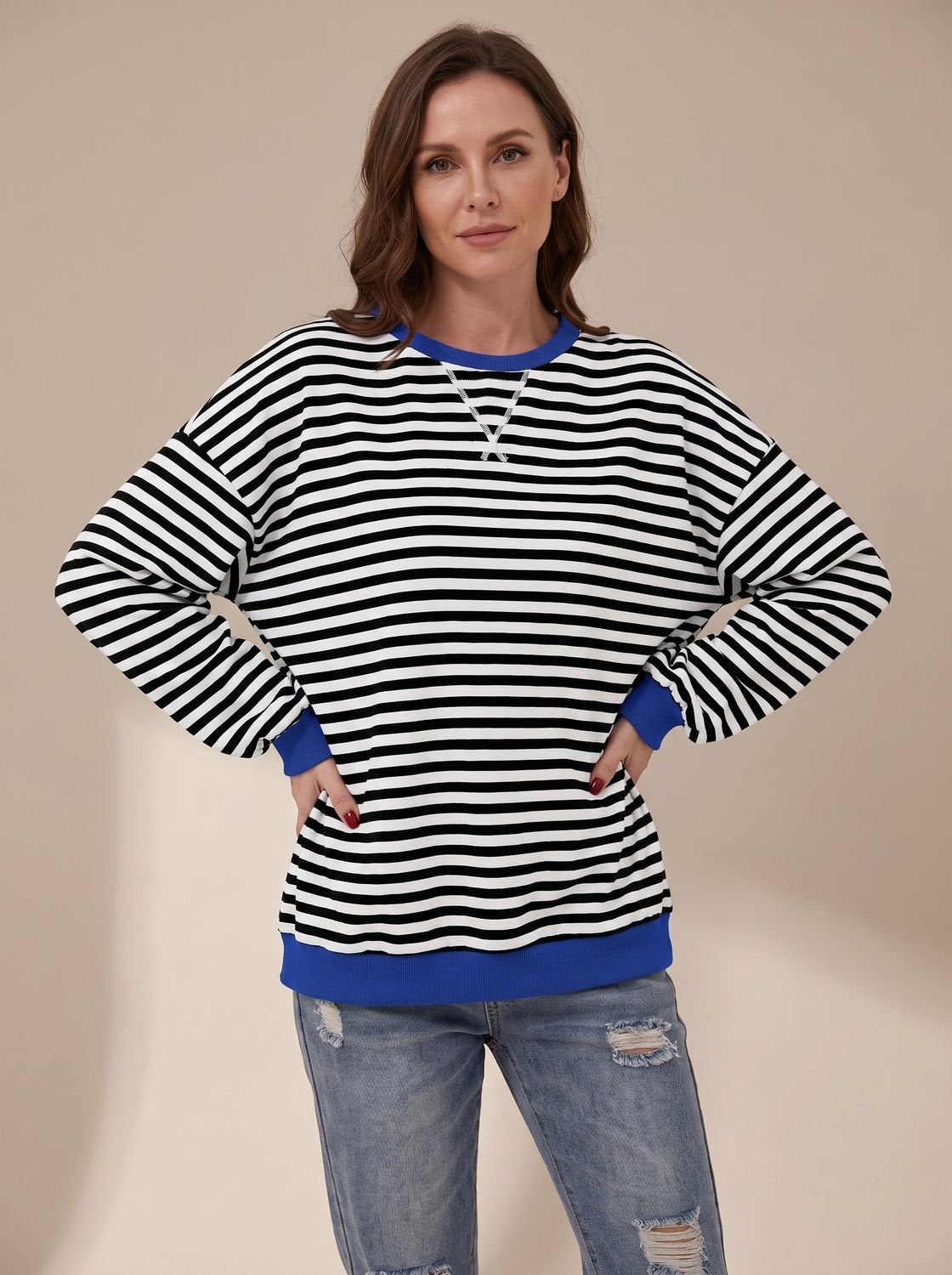 Women's Oversized Retro Striped Crewneck Sweatshirt