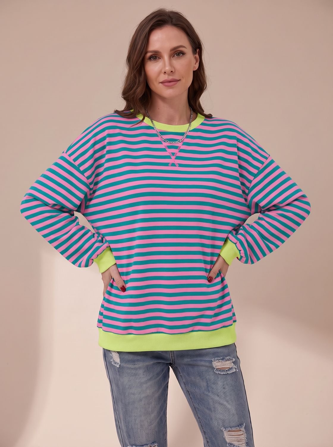 Women's Oversized Retro Striped Crewneck Sweatshirt