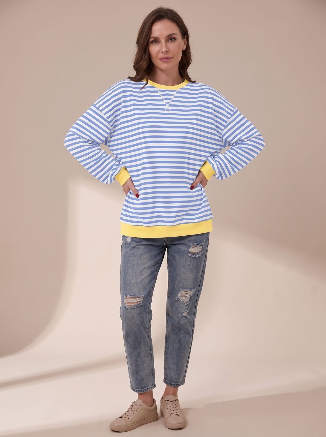 Women's Oversized Retro Striped Crewneck Sweatshirt