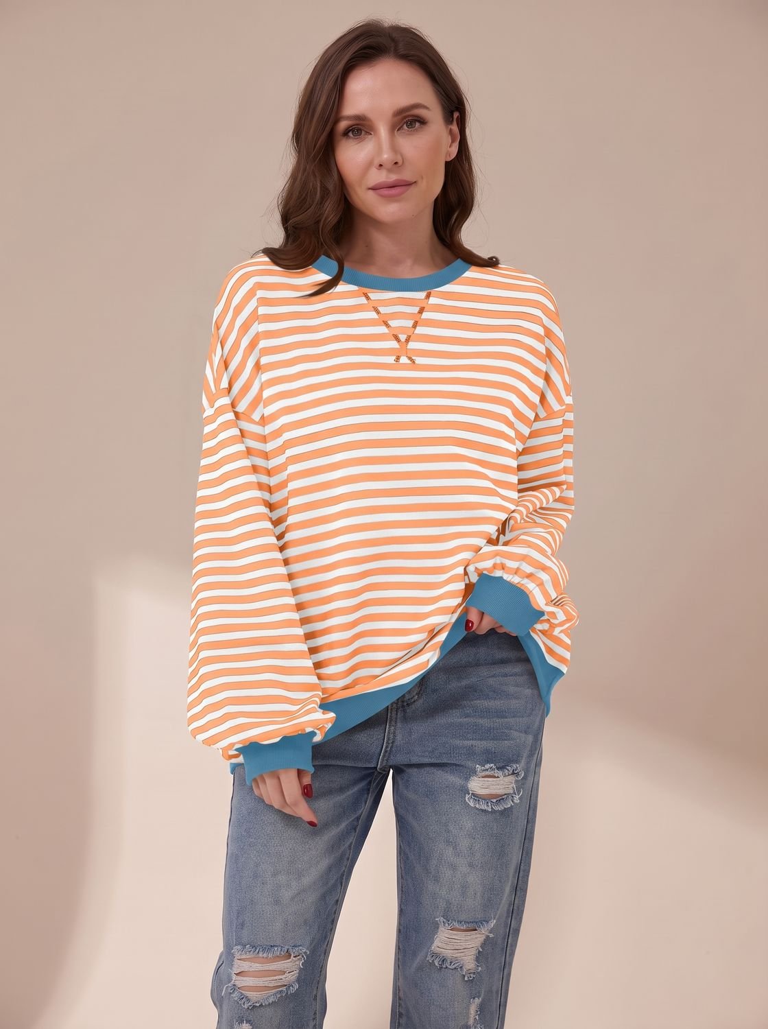Women's Oversized Retro Striped Crewneck Sweatshirt