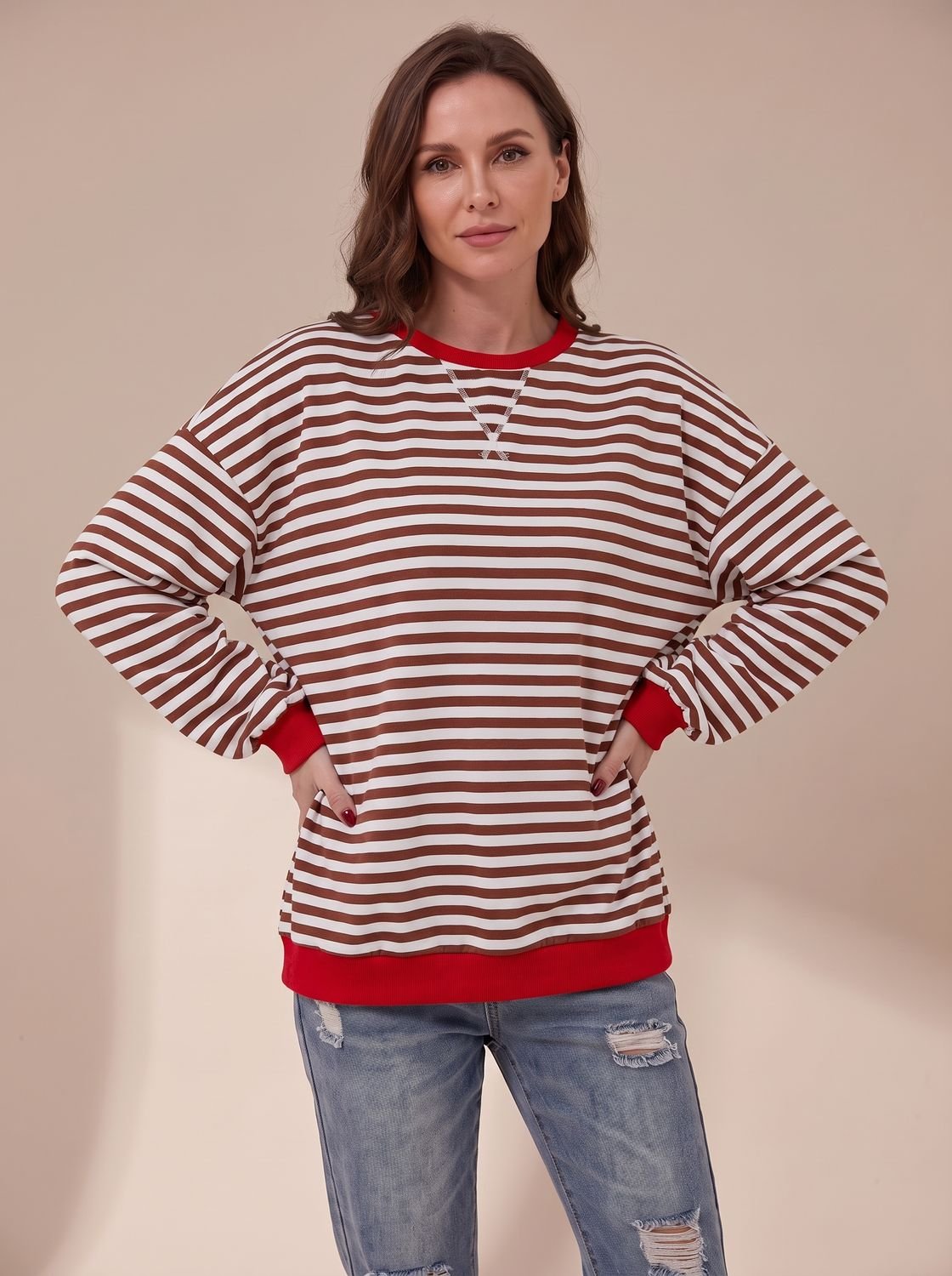 Women's Oversized Retro Striped Crewneck Sweatshirt