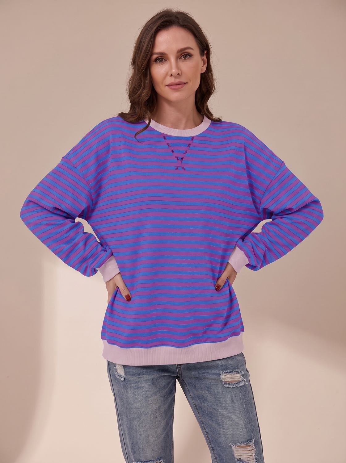 Women's Oversized Retro Striped Crewneck Sweatshirt