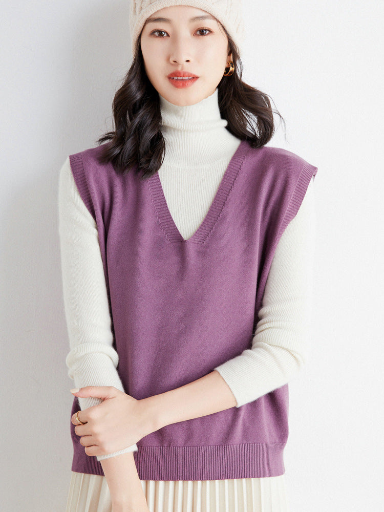 Women's Oversized V-Neck Fine-Knit Sweater Vest with Ribbed Hem